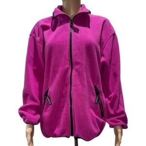 London Fog Fuchsia Fleece Jacket Black Ribbing Pockets Cinched Hem